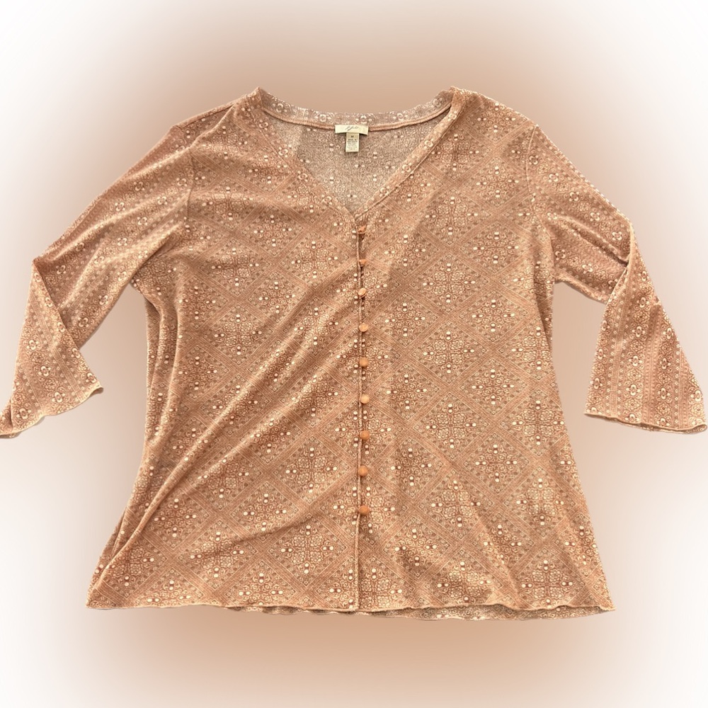 J. Jill Boho Geometric Terra Cotta Button Blouse Top Half Sleeve Sheer Sz. M